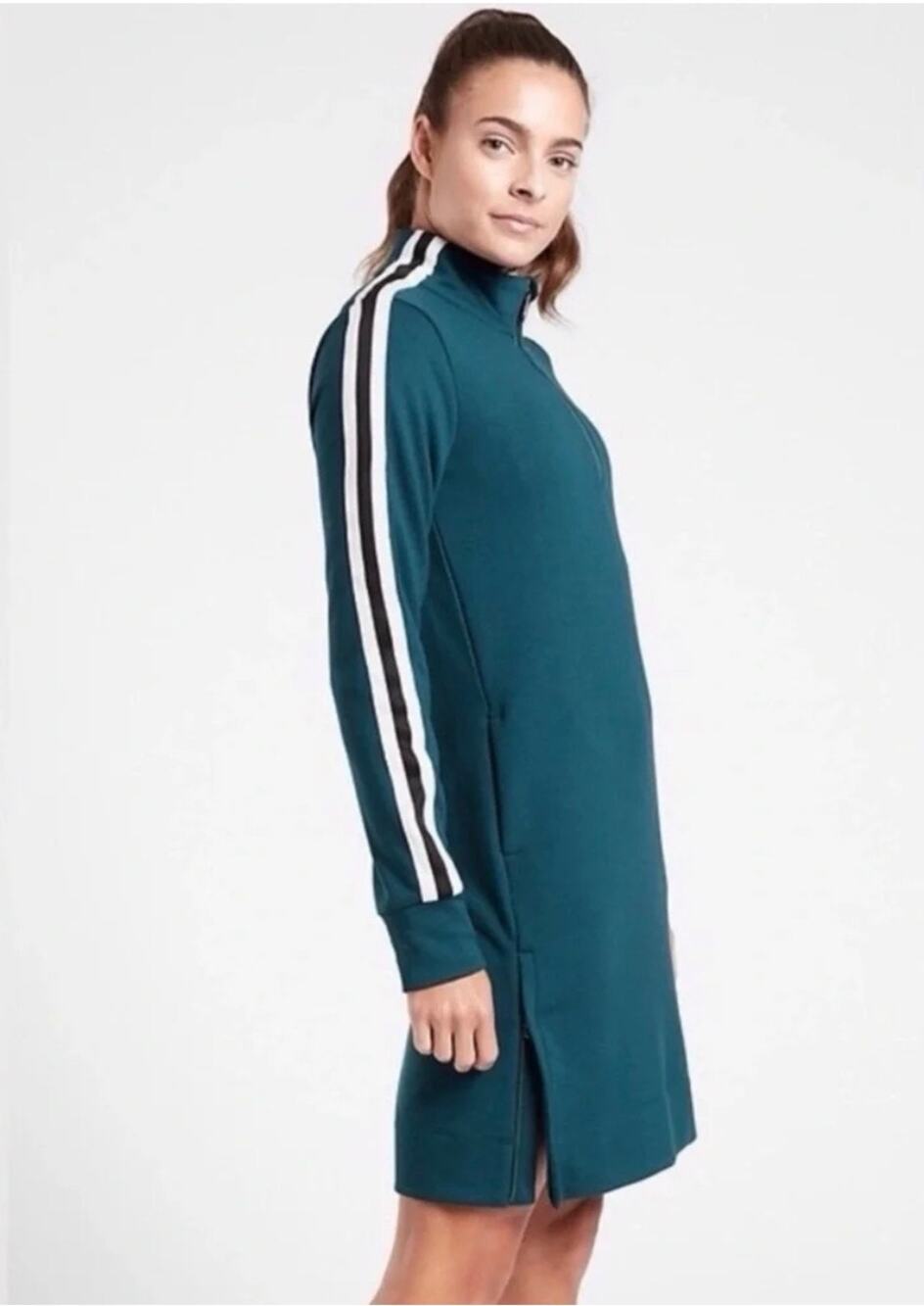 NWT Athleta Women Crosstown Track Sweatshirt Dress Oceanic Teal M Sporty Prep